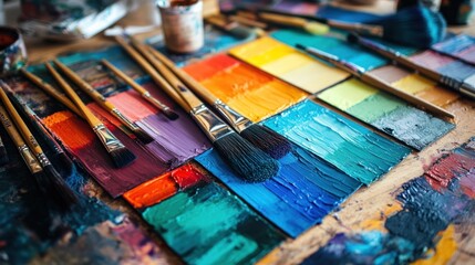 Fototapeta premium A close-up shot of paintbrushes and a palette of colorful oil paints on a wooden table.