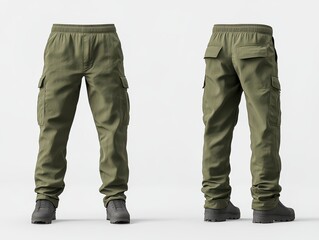 Green Cargo Pants Mockup - Front and Back View - Isolated on White Background.