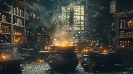 A Mystical Potion Brewing in a Dark and Mysterious Room