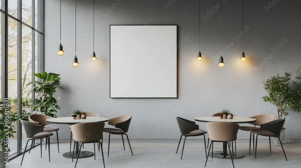 Wall mural modern cafe interior with empty picture frame and two tables