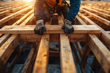  Carpenter at work assembling wooden framework on construction site with sunlit background and focus on hands