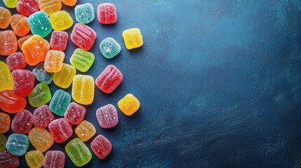 Colorful Assorted Jelly Candies on Dark Background with Sugar Coating in Vibrant Rainbow Colors for Sweetness and Confectionery Concepts