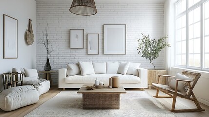 Modern Interior of Stylish Living Room ,Wall Mock Up, Frame , Poster with Beautiful Background, 3d render