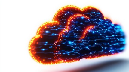 Digital cloud composed of glowing circuits and data streams, isolated on white background.