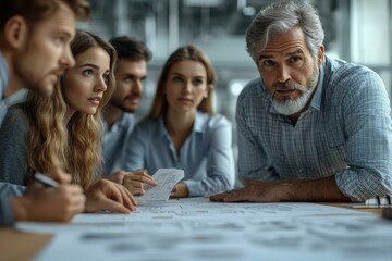  Focused team collaborating on architectural project in modern office setting.