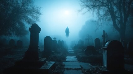 Ghostly Figure Hovering Above a Foggy Graveyard