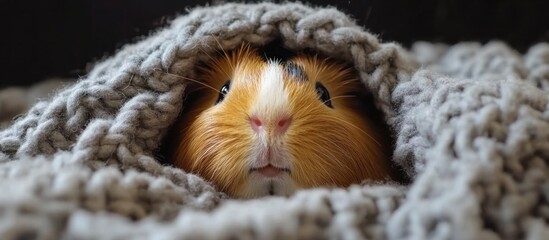 Fototapeta premium A cute guinea pig peeks out from under a knitted blanket.