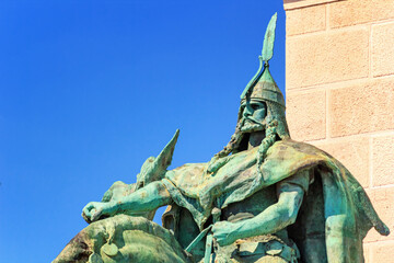 Fototapeta premium View closeup of the statue Arpad at the bottom of the column of the Millennium Monument at the Heroes' Square in Budapest, Hungary