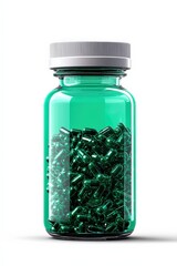 Green capsules in a clear glass bottle, white isolate background.