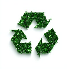 Green glitter recycle symbol on a white isolate background.