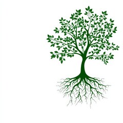 Obraz premium Green tree with leafy branches and roots, white isolated background