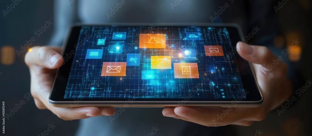 Canvas Prints person holding a tablet with colorful icons floating above it.