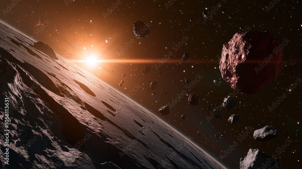 Poster A distant planet with a ring system and asteroids in orbit around a bright sun.