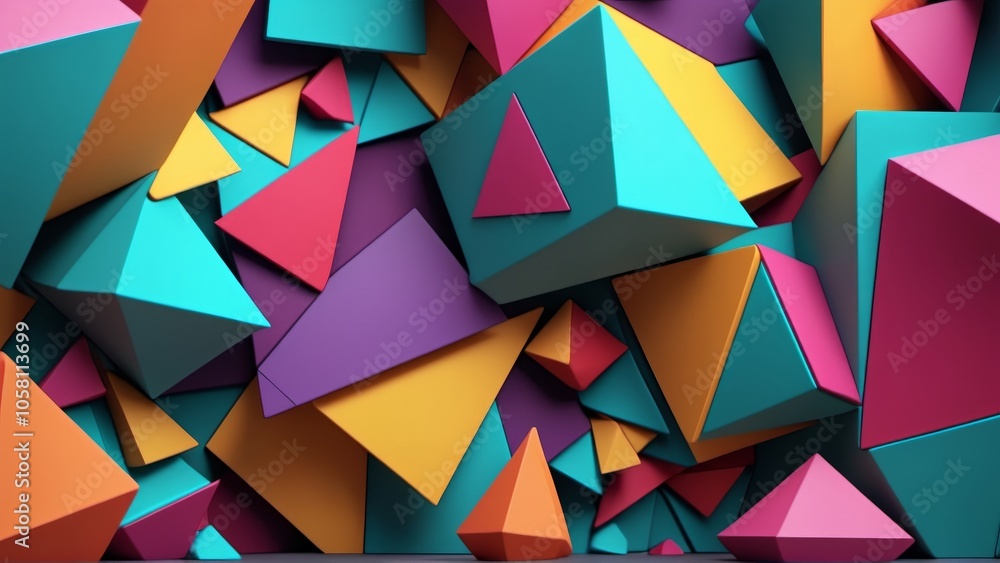 Poster vibrant geometric shapes: abstract colorful 3d cubes and pyramids pattern