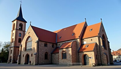 Fototapeta premium Elegant Gothic Revival church with vibrant red roofs