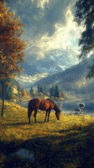 Obraz premium Horse Grazing in Serene Pasture Landscape