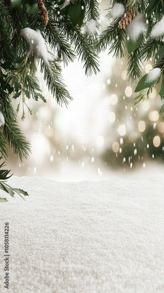 Poster a close-up view of a fir tree branch blanketed in fresh snow, surrounded by a softly blurred winter 
