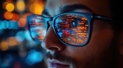 WorkspacCloseup portrait of focused software engineer wearing eyeglasses looking at computer screen working with big datae, data from the screen are reflected on the glasses of a young man, programmer