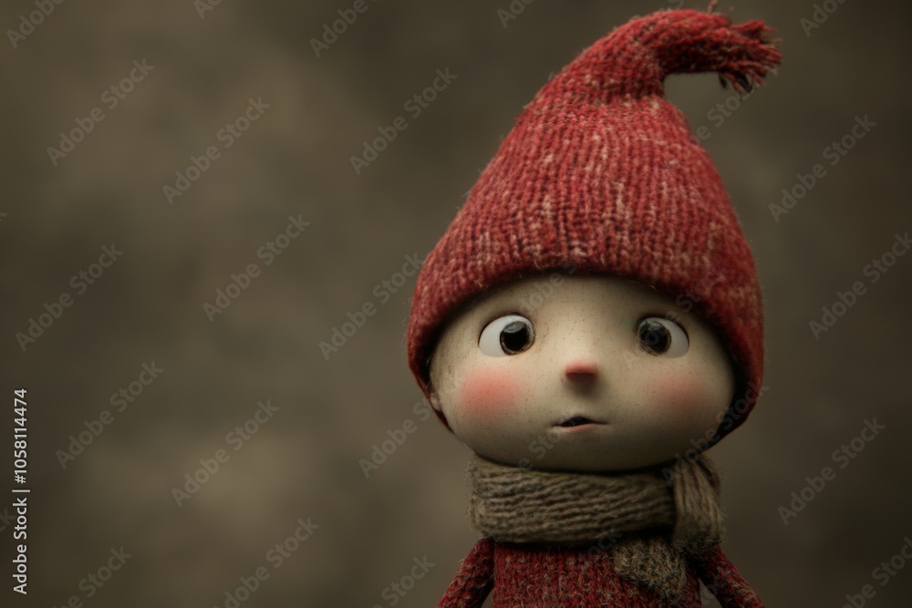 Poster doll with a knitted red hat and a sweet smile on a muted background capturing holiday warmth and nos