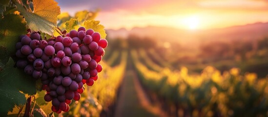 Fototapeta premium A close-up of a bunch of ripe red grapes hanging from a vine in a vineyard with a sunset in the background.