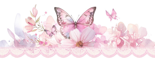 Fototapeta premium PNG Black butterflies with pink and white lace illustration watercolor butterfly.