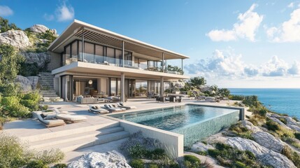 Fototapeta premium Luxury 3D Beach House with Scenic Ocean View