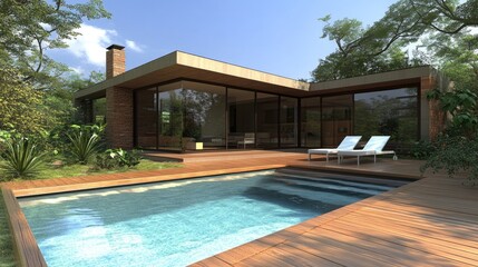 Modern 3D Render of House Exterior with Pool