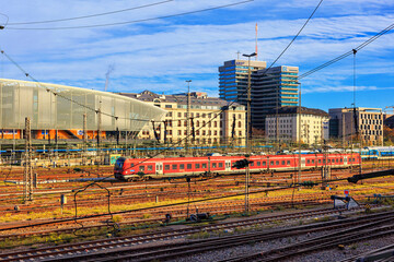 Cityscape - view of the main railway line next to the Munchen Hauptbahnhof or Munich Central Station, Munich, Bavaria, Germany