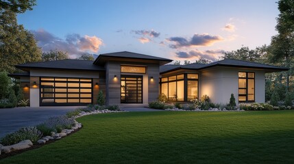 Modern House Exterior Rendering at Sunset
