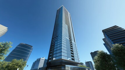 Obraz premium Modern Skyscraper 3D Rendering Against Clear Sky