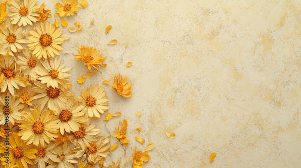 Poster a collection of bright yellow flowers spreads across a soft, textured surface with scattered petals,
