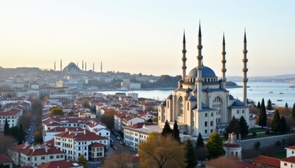 Obraz premium Elegant mosque overlooking vibrant cityscape at sunset