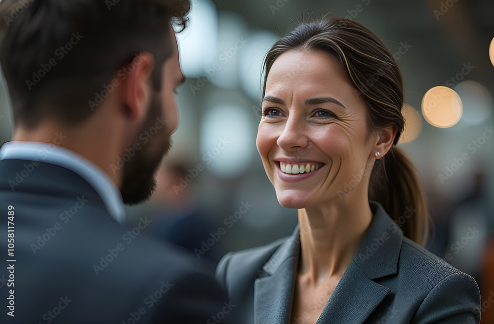 Wall mural two business colleagues are having a dialogue in a modern office. Businesswoman smiling