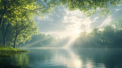 Fototapeta premium Tranquil morning light over a serene lake surrounded by lush greenery