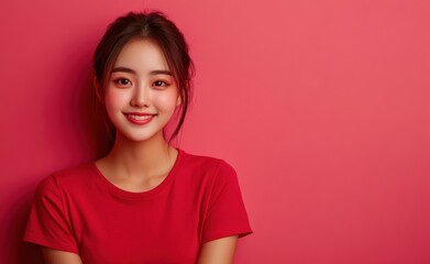 Fototapeta premium An Asian woman in a red attire stands against a matching red background, exuding warmth and friendliness, perfect for red-themed marketing campaigns.