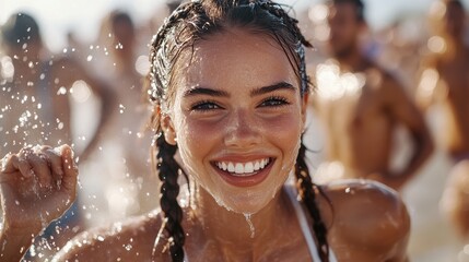 Obraz premium A blonde woman joyfully splashes through the water on a sunny beach, highlighting the vibrant energy and carefree vibe ideal for summer vacation or fitness branding.
