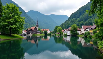 Fototapeta premium Tranquil lakeside village nestled amidst natures embrace