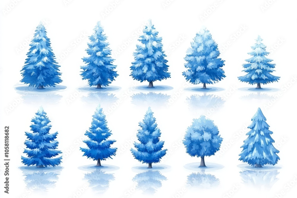 Poster array of blue and white pine trees with frosted edges on a reflective surface capturing a cool seren