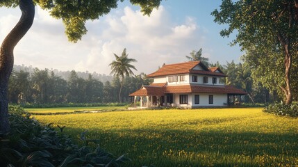 Charming 3D Rendering of Kerala Home in Scenic Landscape