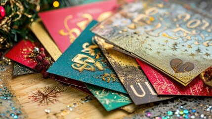 Festive Greeting Cards on a Wooden Surface