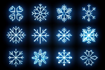 Glowing blue snowflake icons on a black background capturing the modern icy spirit of winter with a digital twist in a neon inspired design