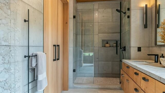Modern bathroom interior featuring a spacious shower and natural wood accents in a serene environment