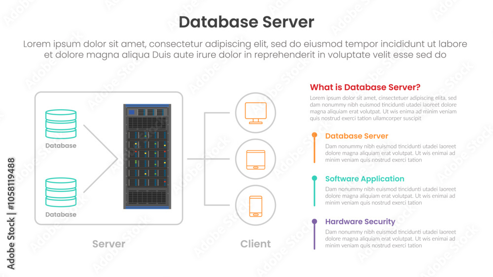 Poster server technology infographic template banner with database server with scheme architecture with 3 p