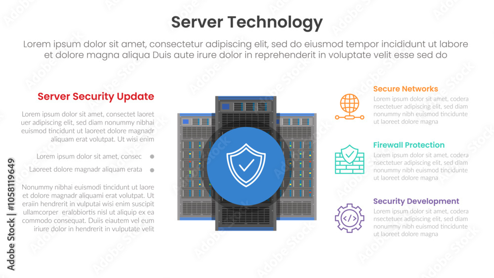 Poster server technology infographic template banner with server security technology concept with shield ic