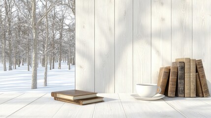 A cup of coffee rests on old books, creating a cozy atmosphere in a modern living room with a winter forest view