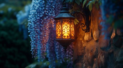 A glowing lantern hangs on a stone wall with wisteria vines cascading down.