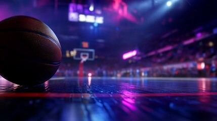 A basketball on a hardwood court in an arena with a crowd and lights in the background.