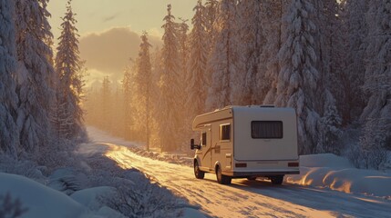 Naklejka premium A cozy motorhome travels along a snow-covered road, illuminated by the warm glow of the setting sun. Tall trees draped in snow line both sides, creating a serene, winter wonderland atmosphere.