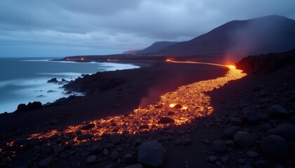 Fototapeta premium Erupting lava flow illuminates the night on a volcanic island