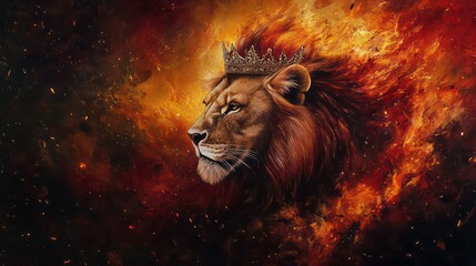 Naklejka premium A majestic lion with a crown, surrounded by flames, stands against a dark background.